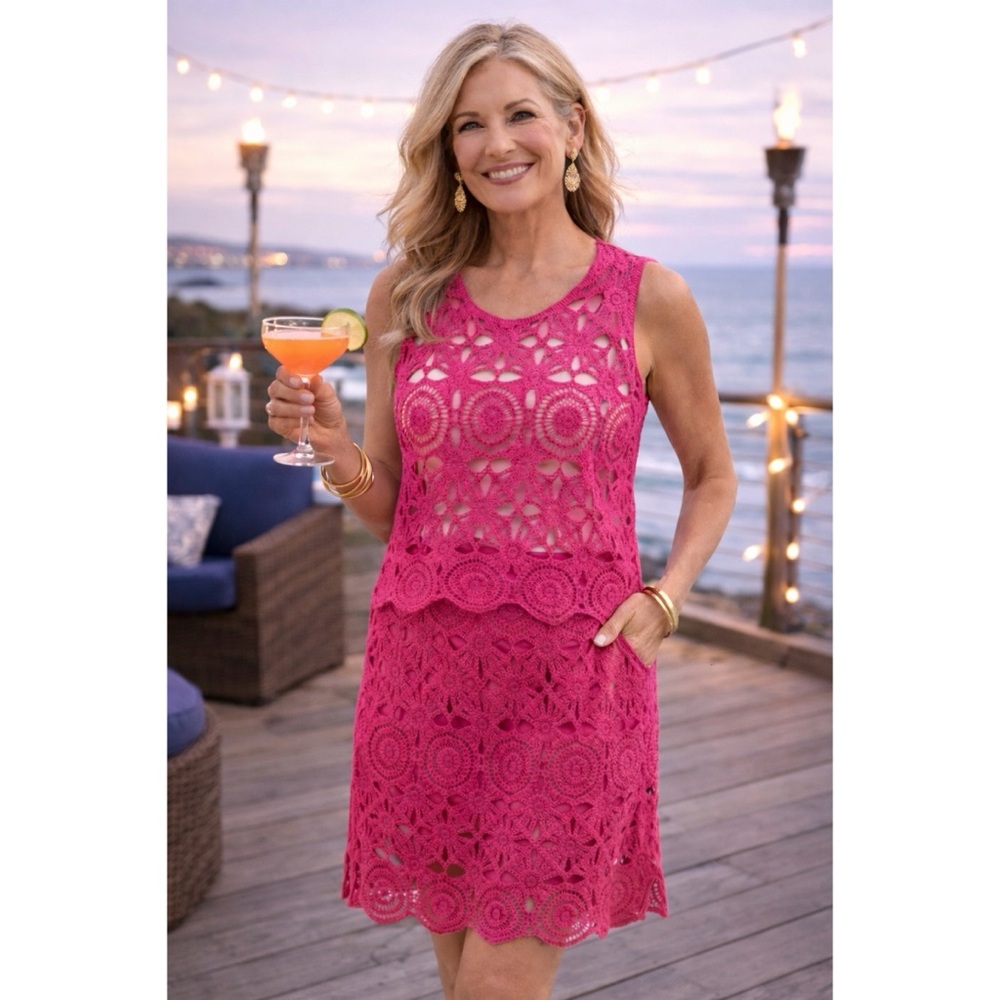 Caroline Constas 2 Piece Crocheted Set Skirt & Top Hot Pink Vacation Cruise Sz S